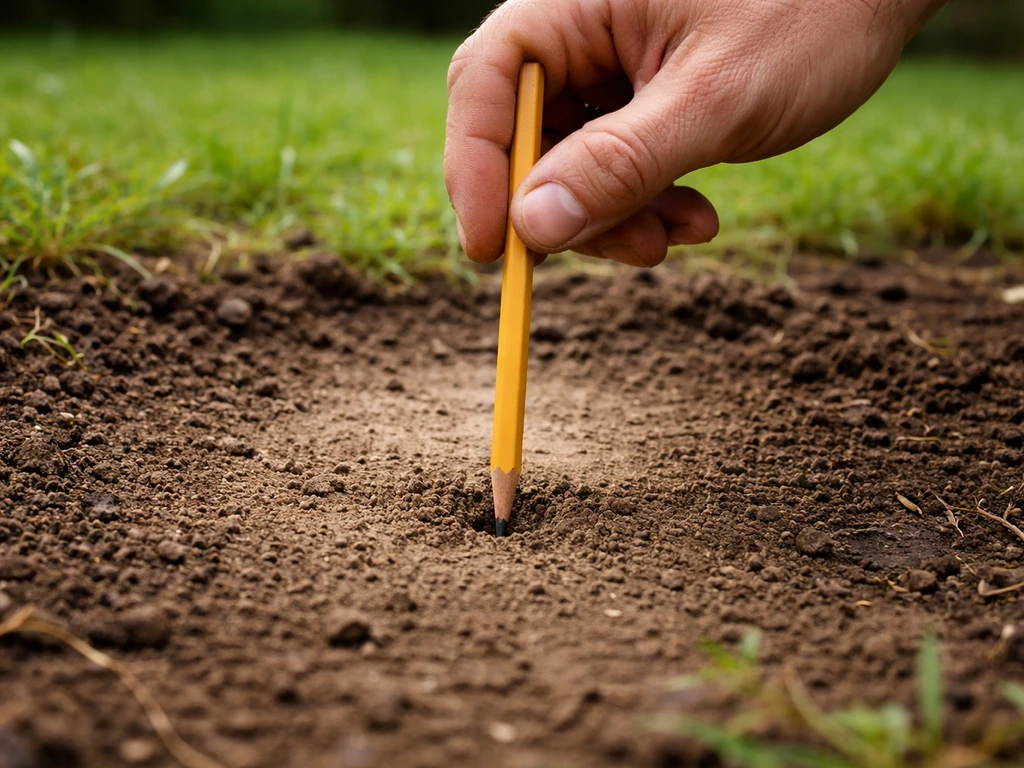 Mains anonymes testant l’enfoncement d’un crayon dans une terre compacte près d’une zone jaunie.
