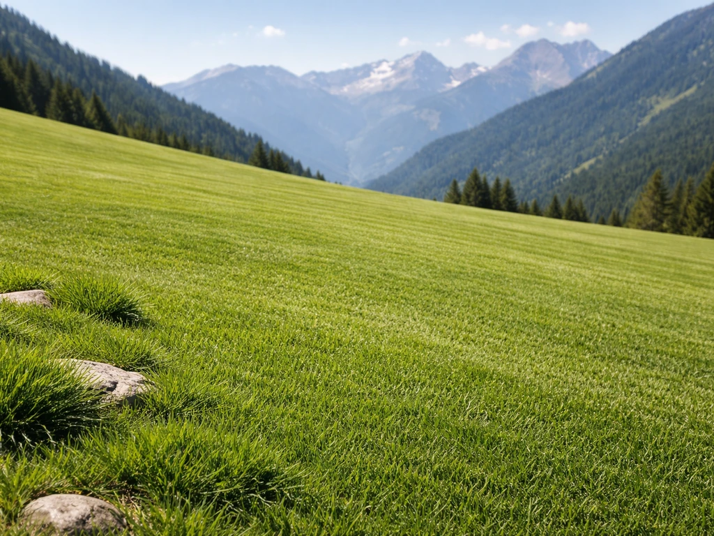 Pelouse alpine de montagne soignée et bien entretenue sur une pente, vue texture de l’herbe.