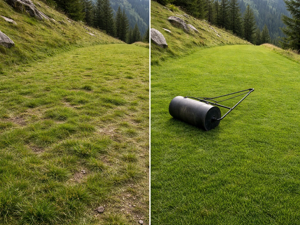 Pelouse de montagne avant/après après rouler : surface plus uniforme et compactée.