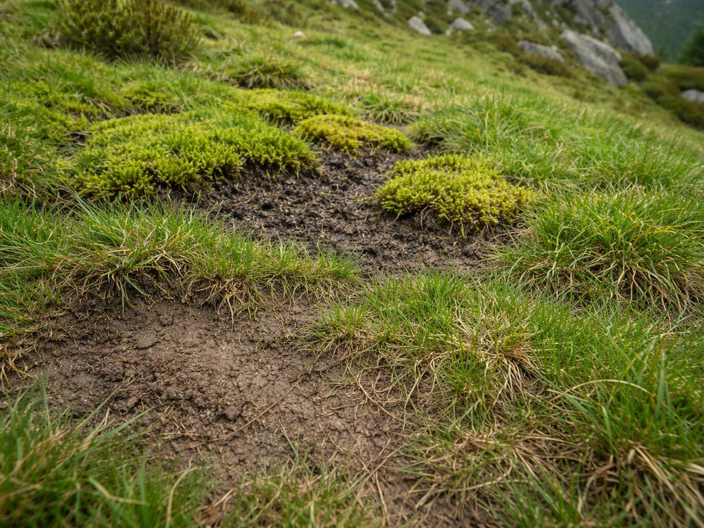 Pelouse de montagne avec mousse humide, feutrage sombre et zones d’herbe écrasée sur sol compacté.
