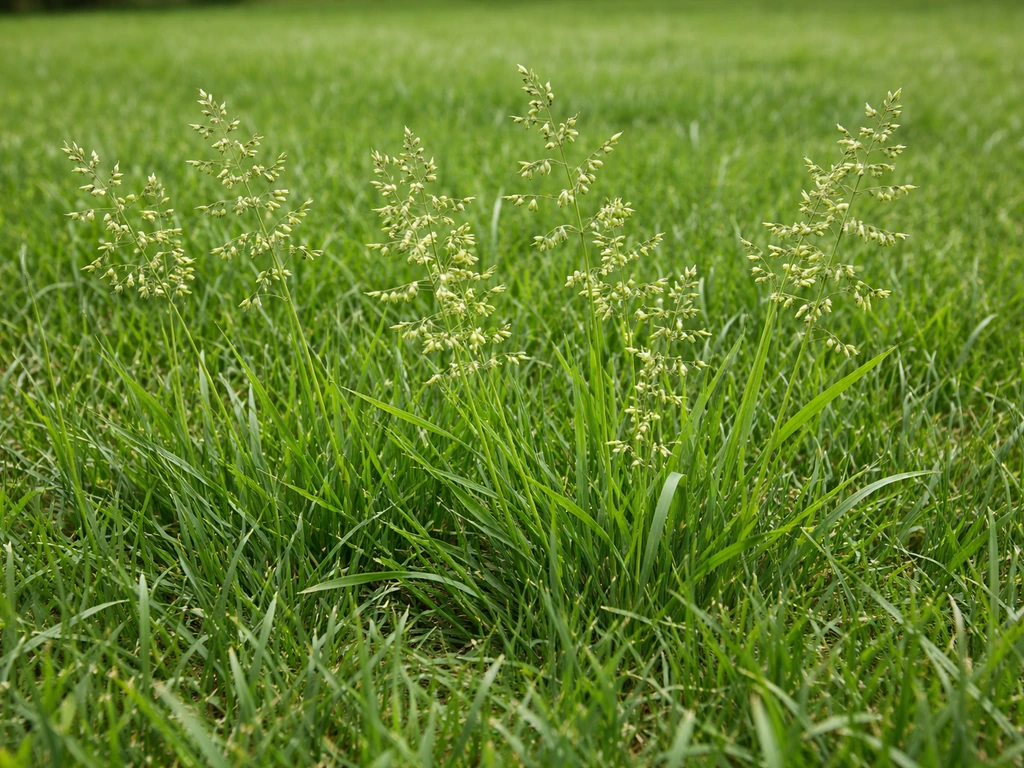 Touffes de millet avec panicules visibles au milieu d’une pelouse verte, contraste net avec le gazon.