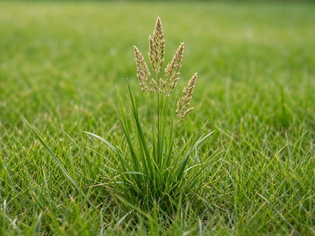 Gros plan d’une touffe d’adventice « millet/panicule » dans une pelouse verte, panicules et feuilles visibles.