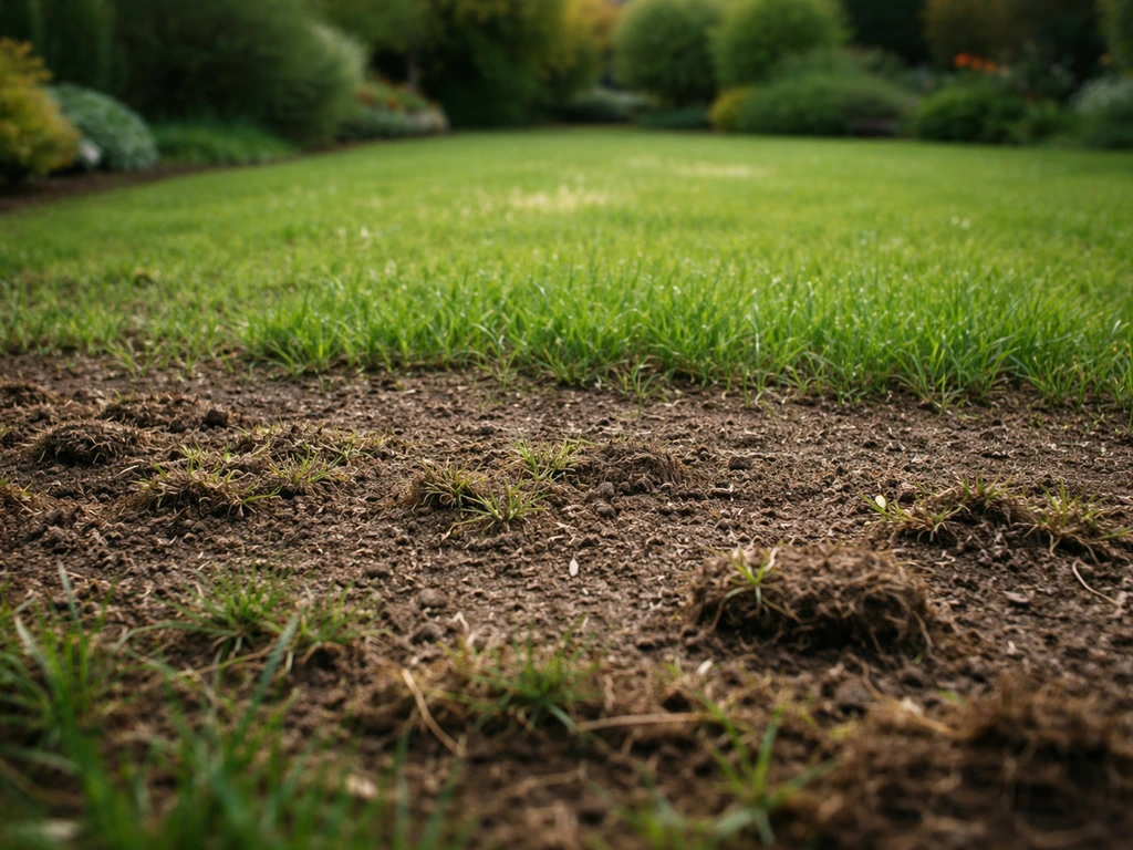 Pelouse clairsemée après arrachage, puis zones ressemées et herbe repoussant, densifiée pour empêcher la reprise.