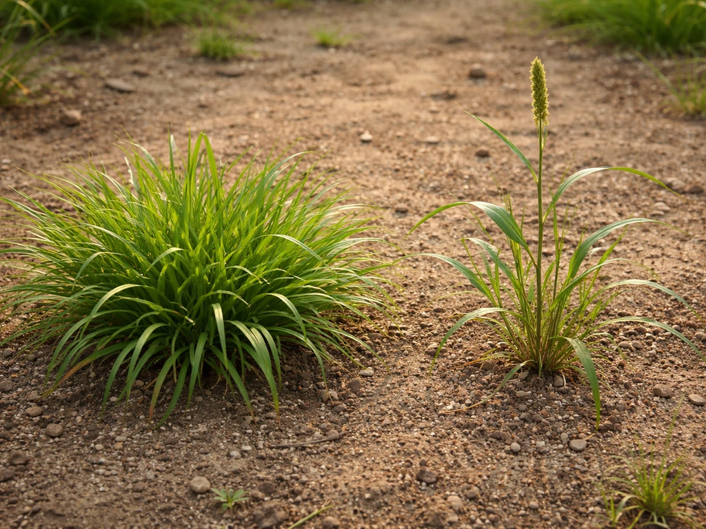 Comparaison en extérieur de deux graminées : une adventice et un plant de millet, feuillage bien visible.