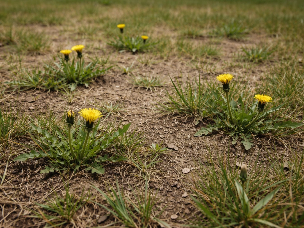 Pissenlits et herbe clairsemée dans une pelouse abîmée, sol compacté et plaques visibles