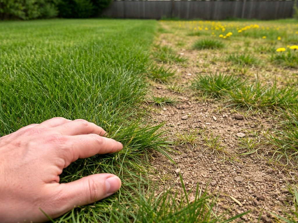 Pelouse de jardin divisée : gazon vert d’un côté, pissenlits et gazon stressé de l’autre, tonte très rase visible.
