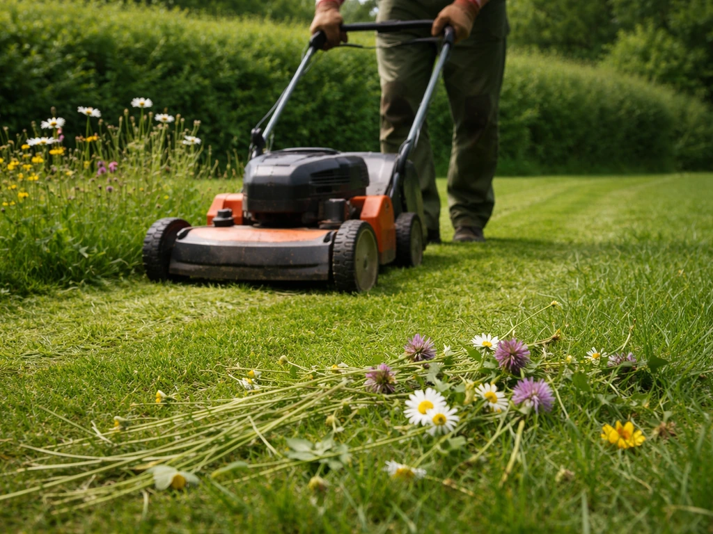 Tondre court dans un jardin : tiges florales coupées au sol, fleurs encore intactes en arrière-plan.