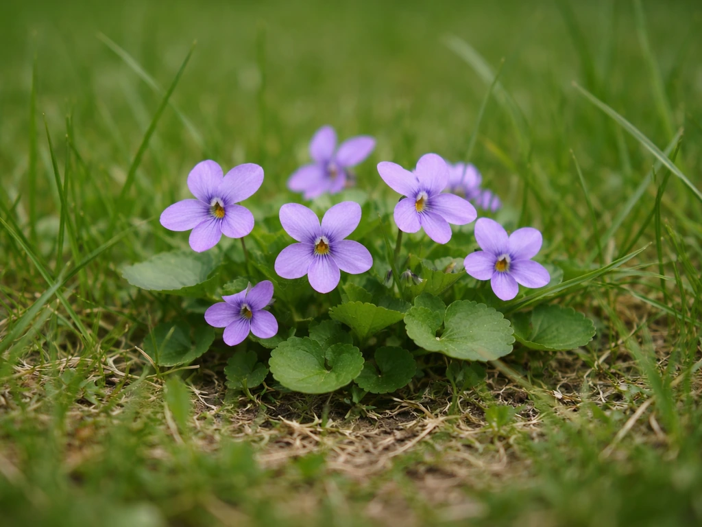 Gros plan sur des petites fleurs violettes de pelouse et des feuilles trifoliées au ras du sol