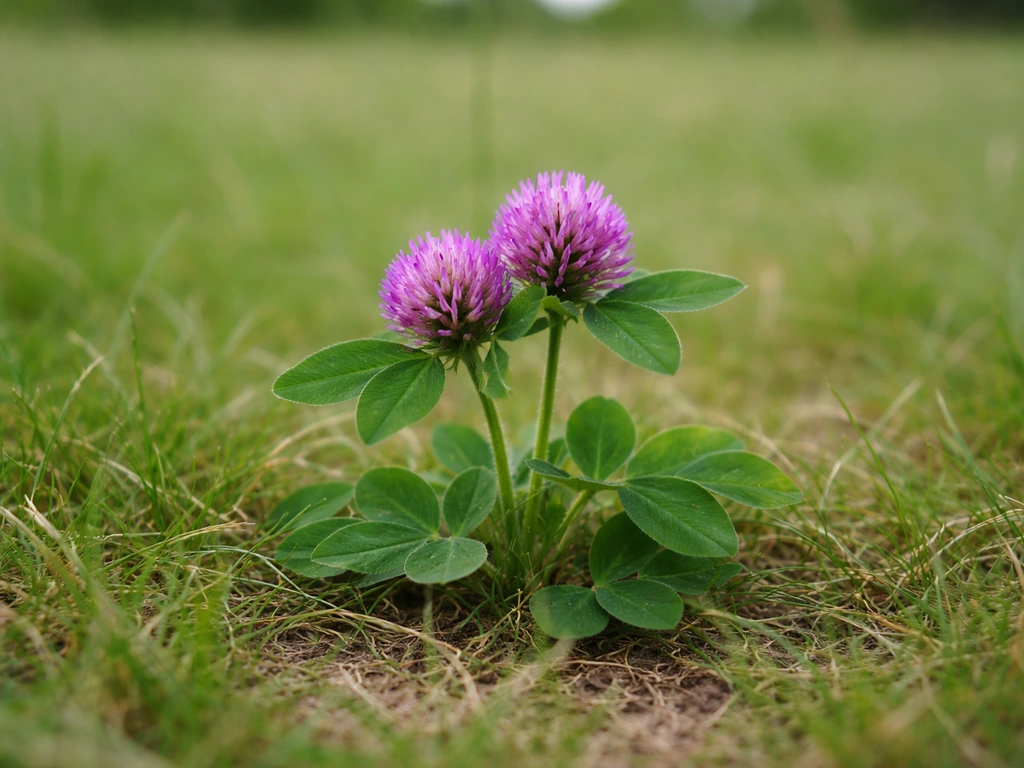 Gros plan d’une touffe de plante à fleurs violettes, feuilles trifoliées et têtes de fleurs bien nettes.