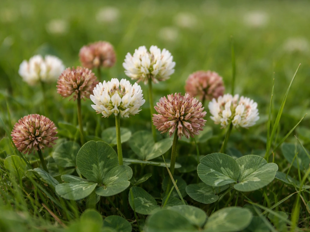 Gros plan d’un trèfle blanc dont les petites fleurs passent du blanc au rose foncé et brun-violet