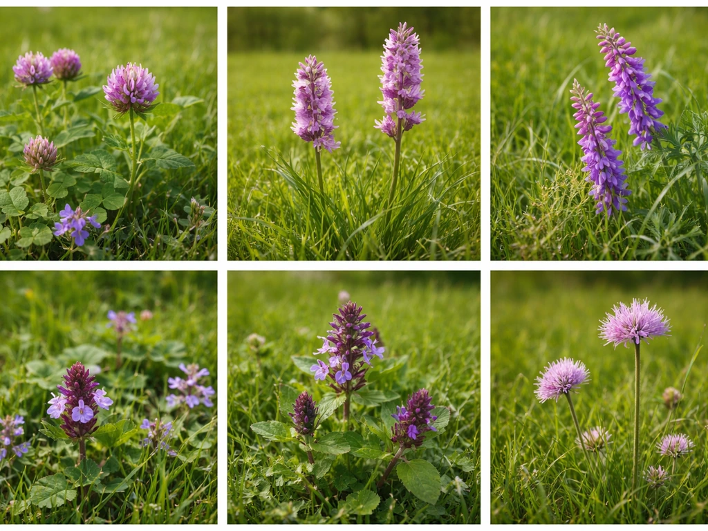 Collage réaliste de plusieurs plantes violettes distinctes dans une pelouse française, vue rapprochée sur les fleurs.