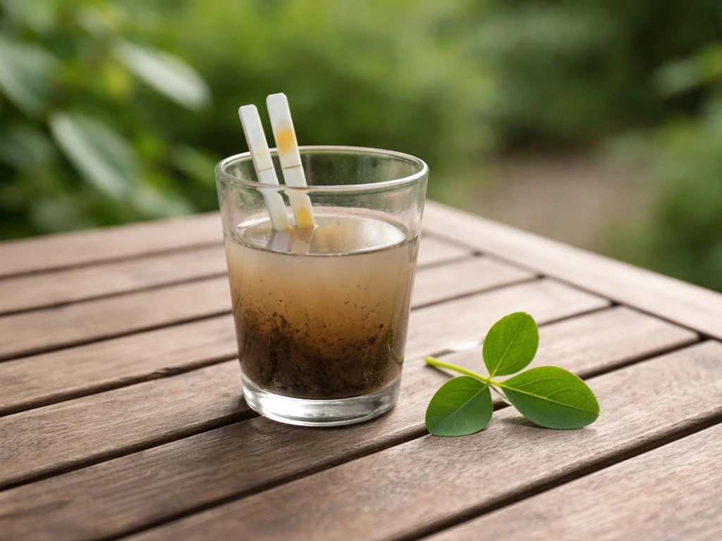 Bandelettes de test pH dans un petit verre avec terre et eau, et feuilles trifoliées en arrière-plan