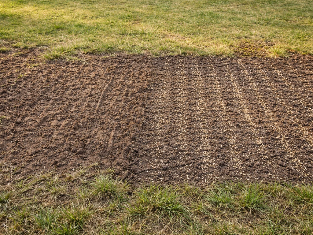 Zone de pelouse clairsemée avec griffe et surface préparée, puis semis en lignes visibles