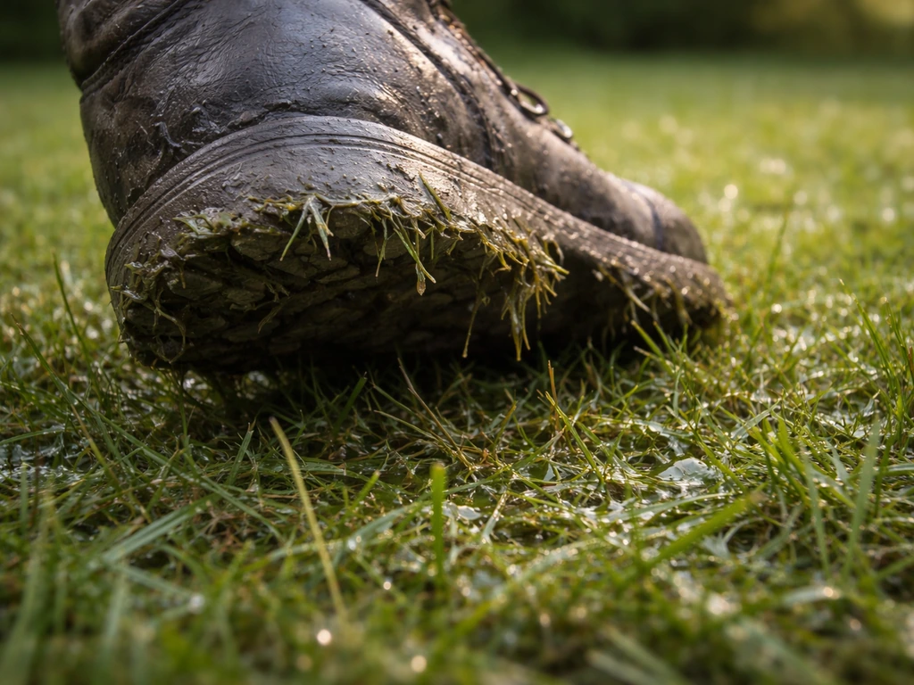 Gros plan d’une chaussure qui colle à une pelouse poisseuse et humide, avec brillance visible sur l’herbe.
