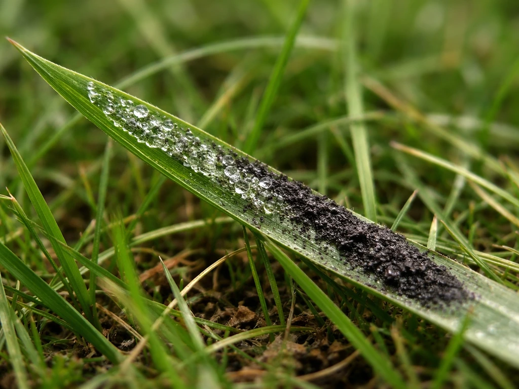 Herbe avec miellat collant et fumagine noirâtre formant une zone sombre sur les zones humides.