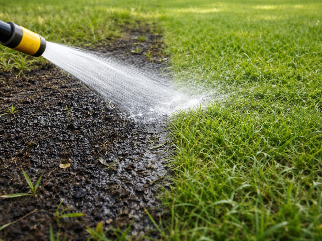Arrosage à grande eau qui rince le dépôt noir et le miellat sur une pelouse, avant/après immédiat.