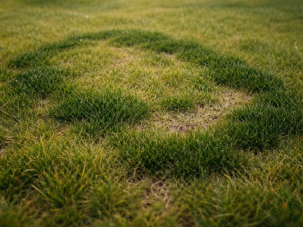 Gros plan d’une pelouse avec taches vert plus foncé formant des cercles irréguliers