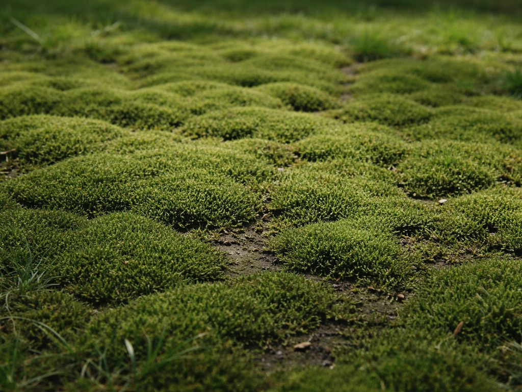 Gros plan d’une mousse dense et feutrée qui envahit le sol d’une pelouse, texture humide visible.