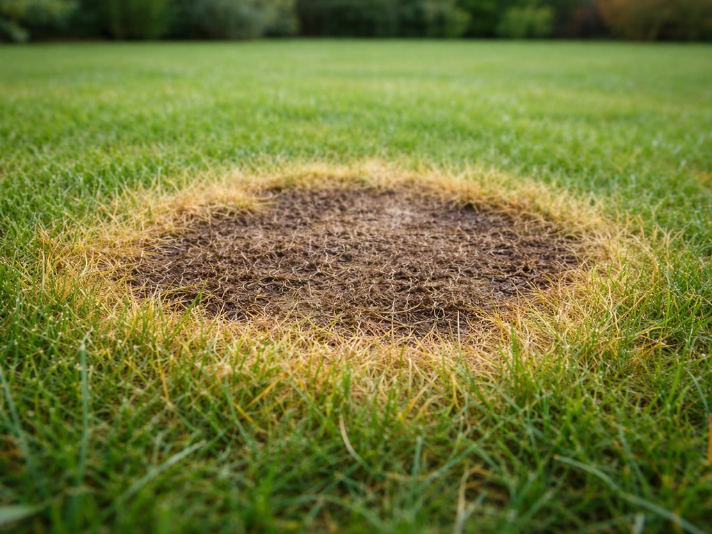 Pelouse avec une tache fongique circulaire qui s’agrandit : herbe jaunie et ramollie au bord net.