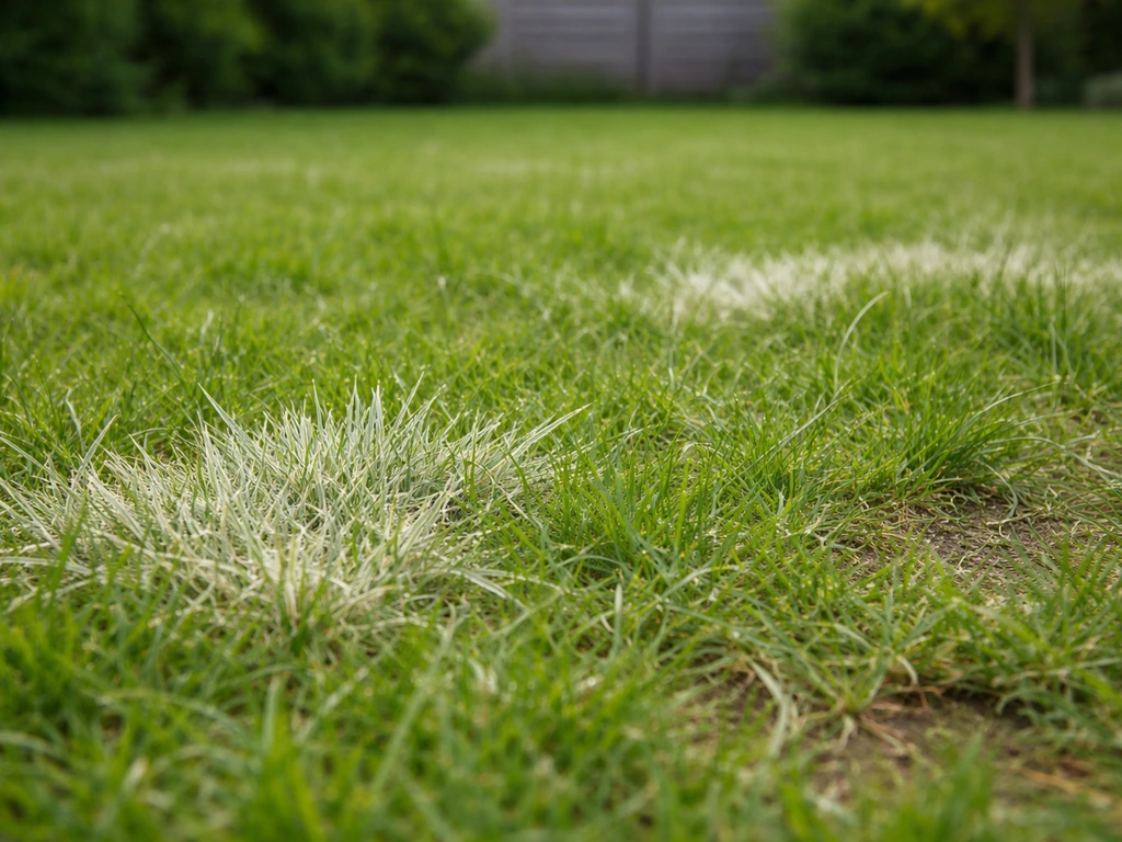 Pelouse française avec zones blanchâtres au premier plan, herbe blanche visible parmi l’herbe verte.
