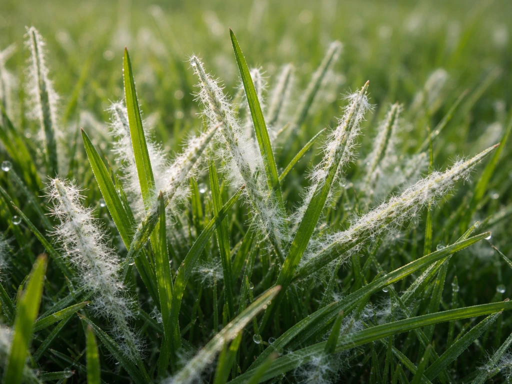 Gros plan d’herbe blanche recouverte d’un duvet poudreux, pour repérer rapidement le problème.