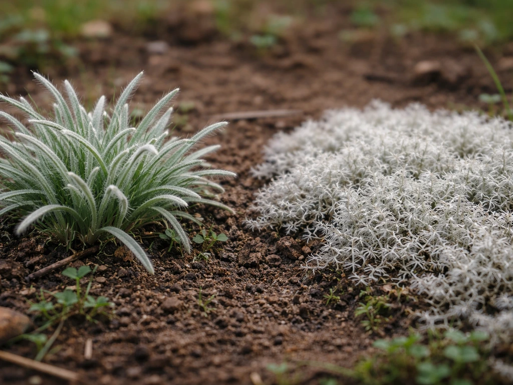Gros plan de graminée argentée et de mousse blanchâtre sur la terre, effet “herbe blanche”.