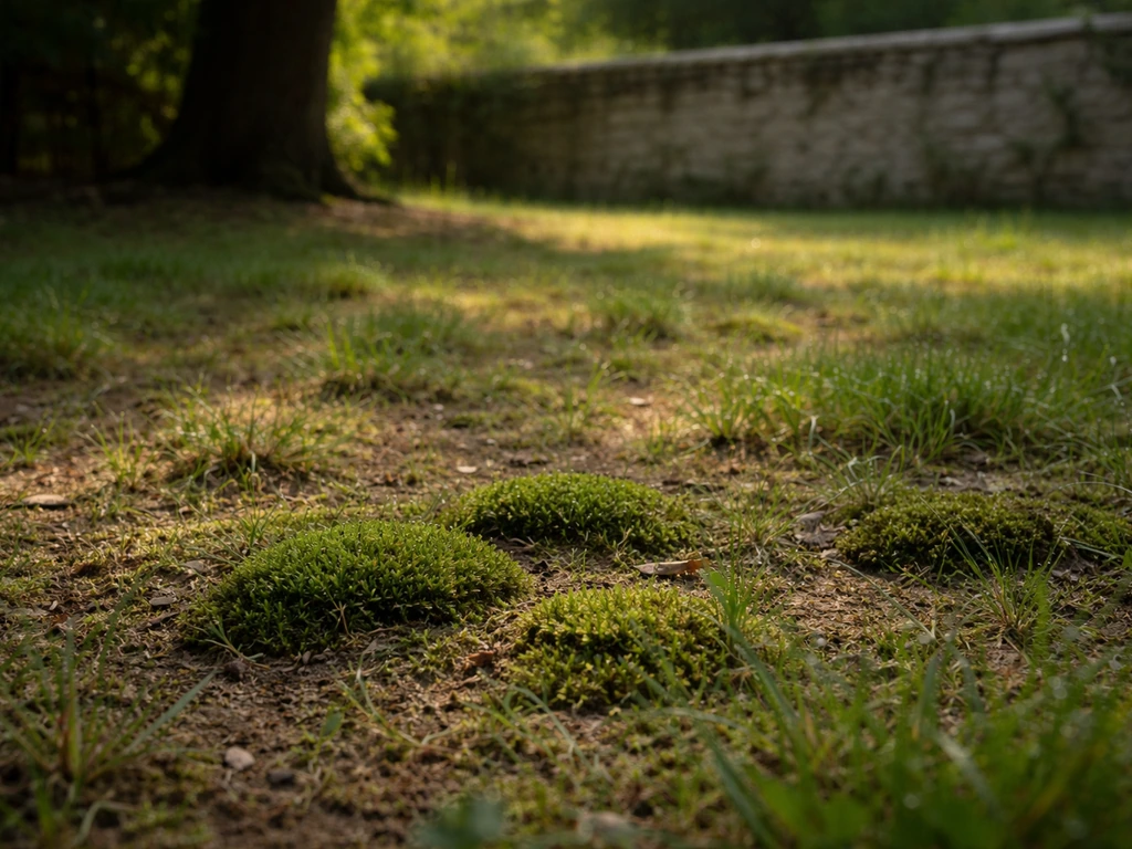 Pelouse sombre et humide sous un arbre, avec petites zones de mousse vert foncé discrètes