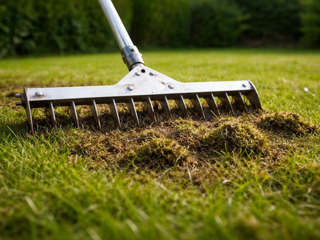 Un scarificateur enlève le feutrage et la mousse d’une pelouse, avec des brins d’herbe soulevés au sol.