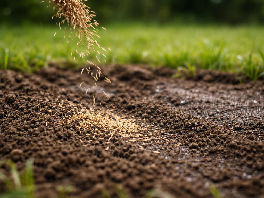 Graines de pelouse semées au sol avec un léger arrosage dans un petit jardin, ambiance naturelle.