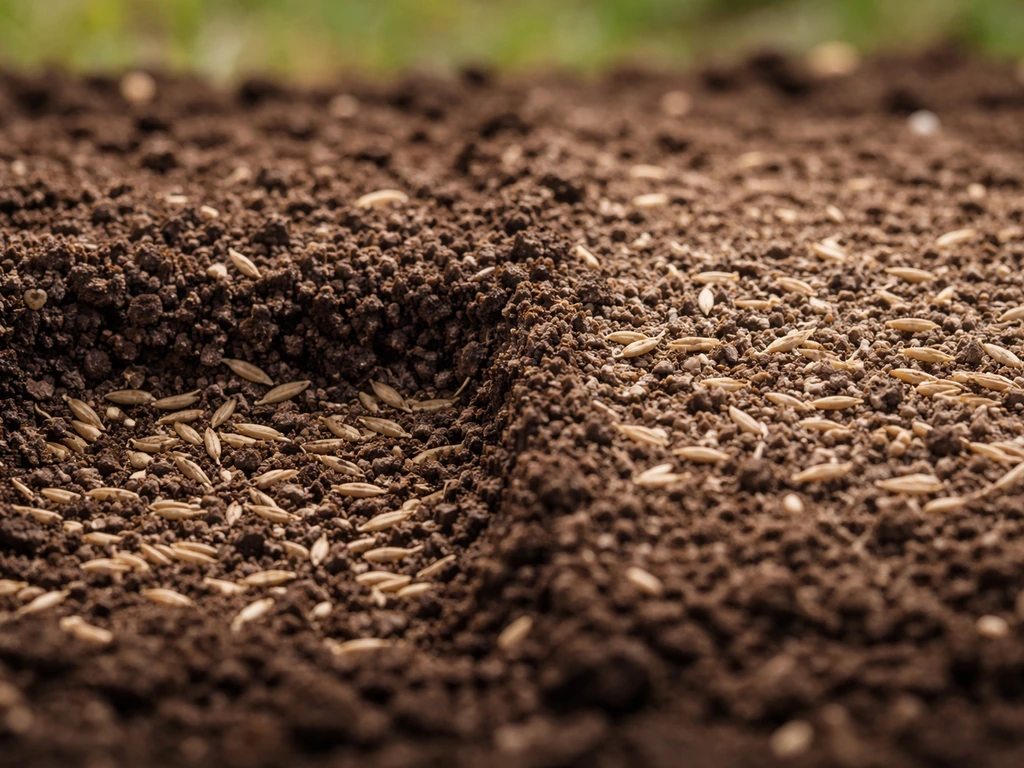Gros plan comparant des graines de gazon trop enfouies et d’autres à fleur de sol sur un substrat.