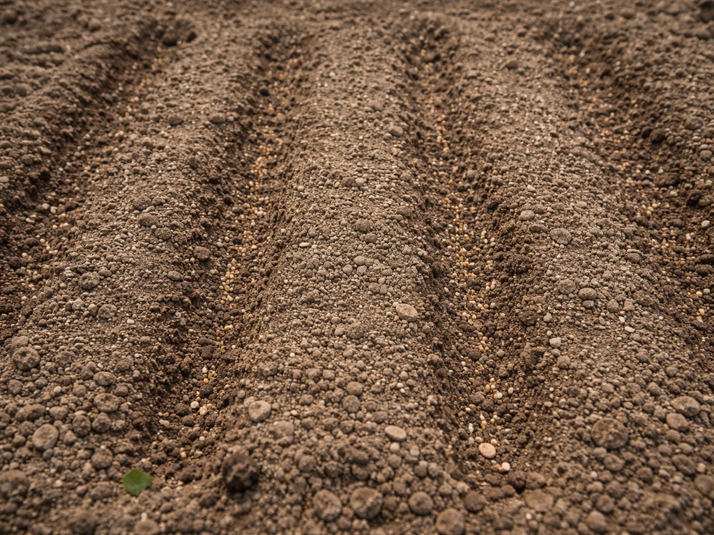 Jardin avec bandes de semis clairsemées et un recouvrement léger, laissant des zones visibles de sol