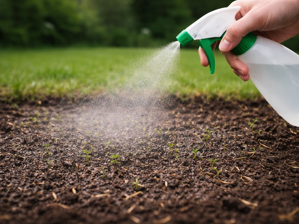 Brumisation fine sur une pelouse fraîchement semée, sol humide en surface avec graines et jeunes plantules visibles.