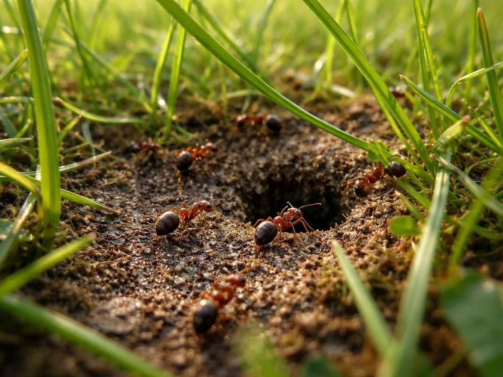 Gros plan de fourmis de pelouse circulant entre l’herbe, avec une entrée discrète de fourmilière dans le gazon.