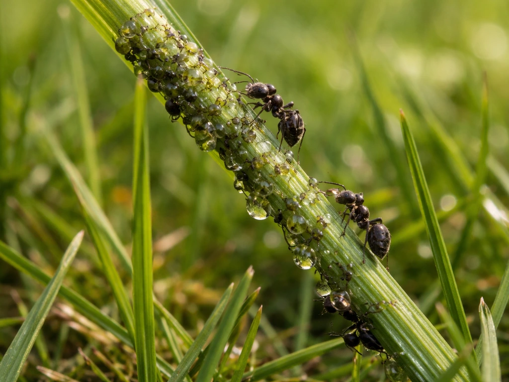 Gros plan sur des pucerons brillants et du miellat sur l’herbe, avec quelques fourmis qui circulent.