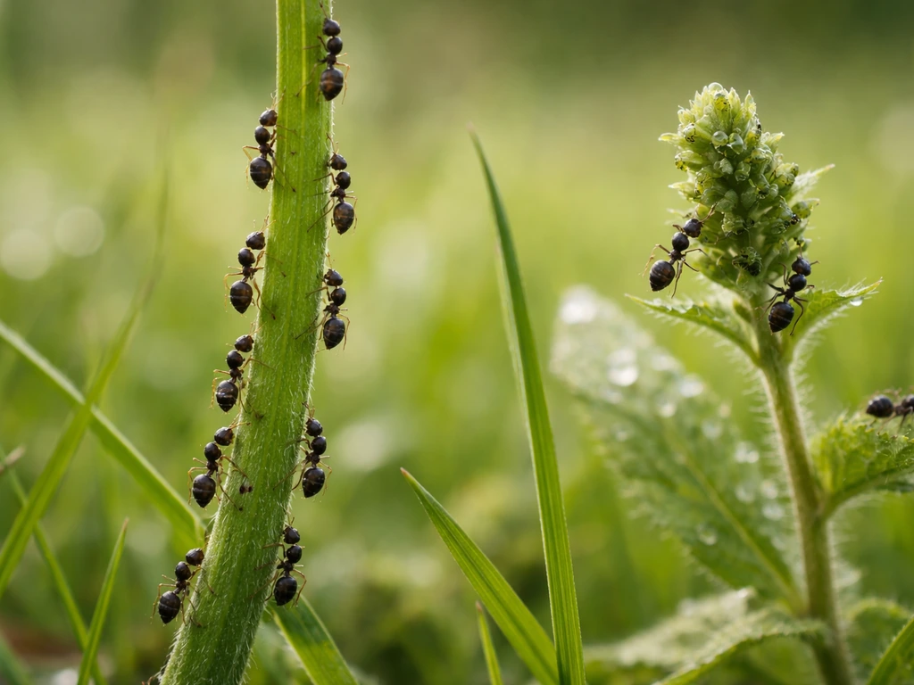Colonnes de fourmis sur des brins d’herbe, avec des pucerons visibles sur une tige proche, reliés visuellement.