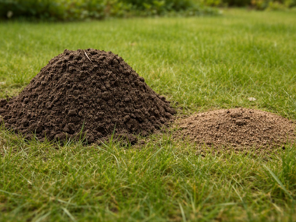 Une taupinière conique à côté d’un petit monticule de fourmis sur une pelouse, différence visible