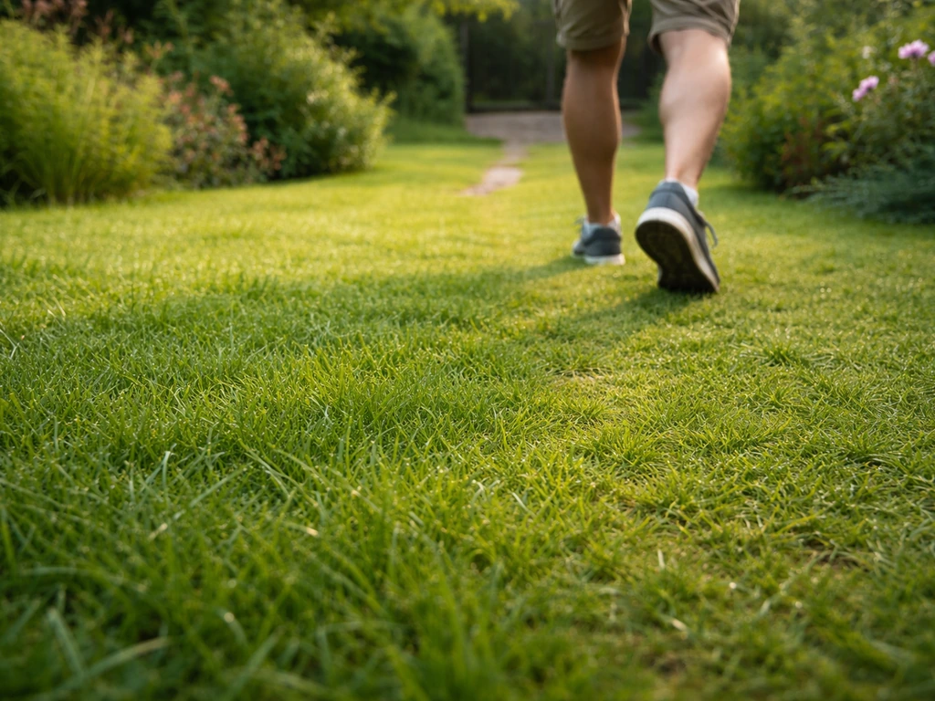 Pelouse verte avec une zone fraîchement tondue et des pieds qui marchent, ambiance jardin après piqûre d’insecte.