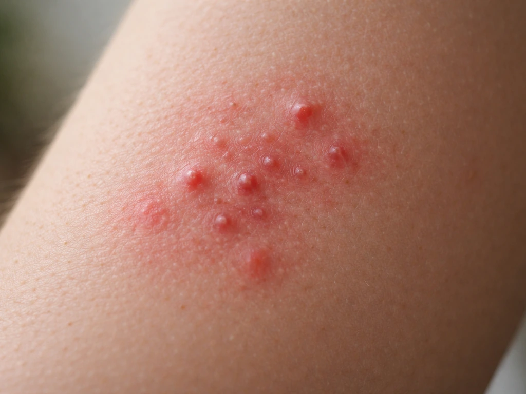 Gros plan réaliste sur une peau avec petites plaques rouges et boutons localisés.