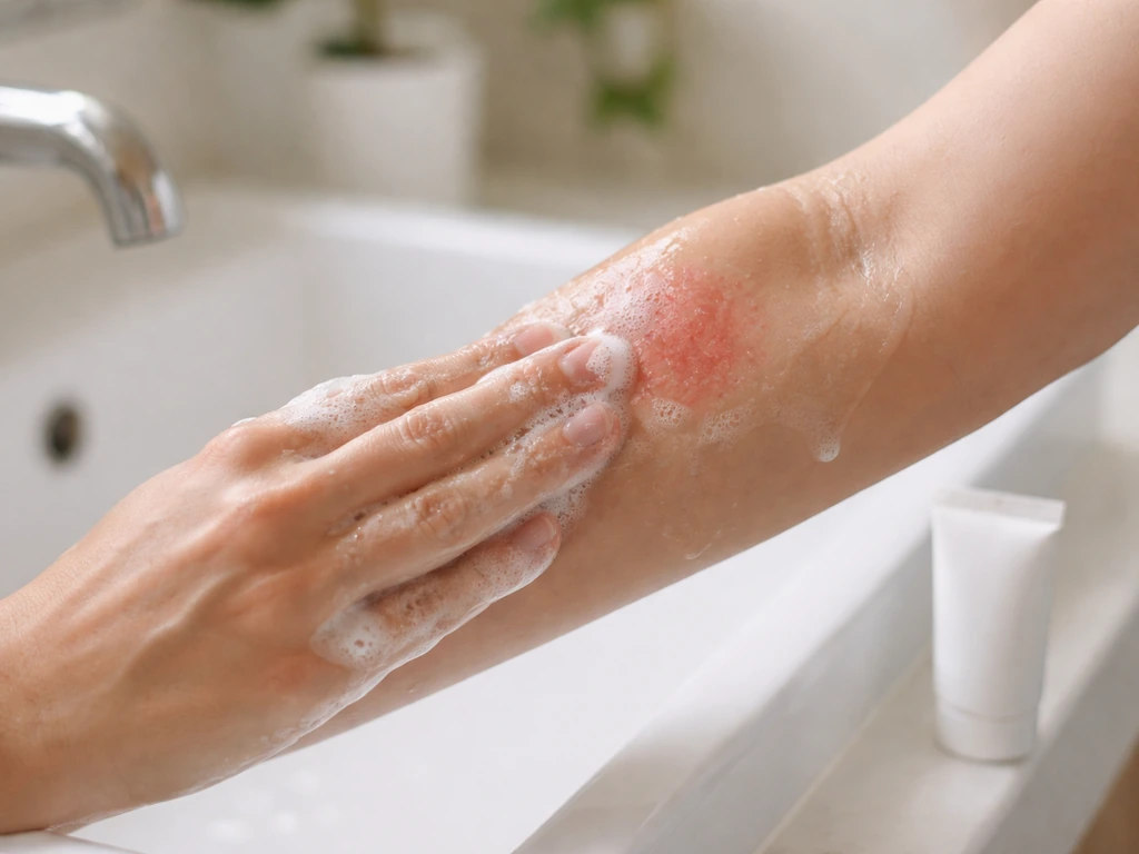 Main tenant du savon et peau rougie légèrement apaisée après nettoyage, dans une salle de bain lumineuse.