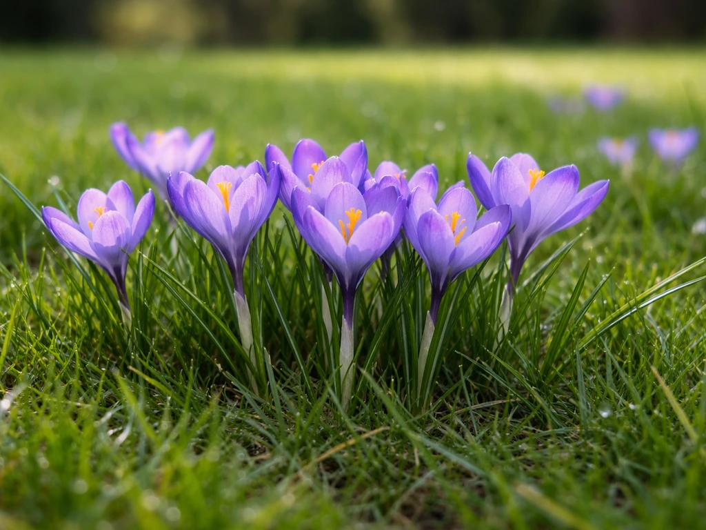 Crocus en floraison dans une pelouse française, feuilles fines visibles entre les brins de gazon.
