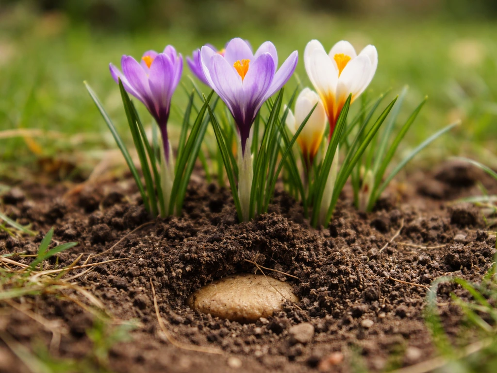 Gros plan sur des crocus en pelouse : feuilles fines et corme légèrement visible sous la terre.