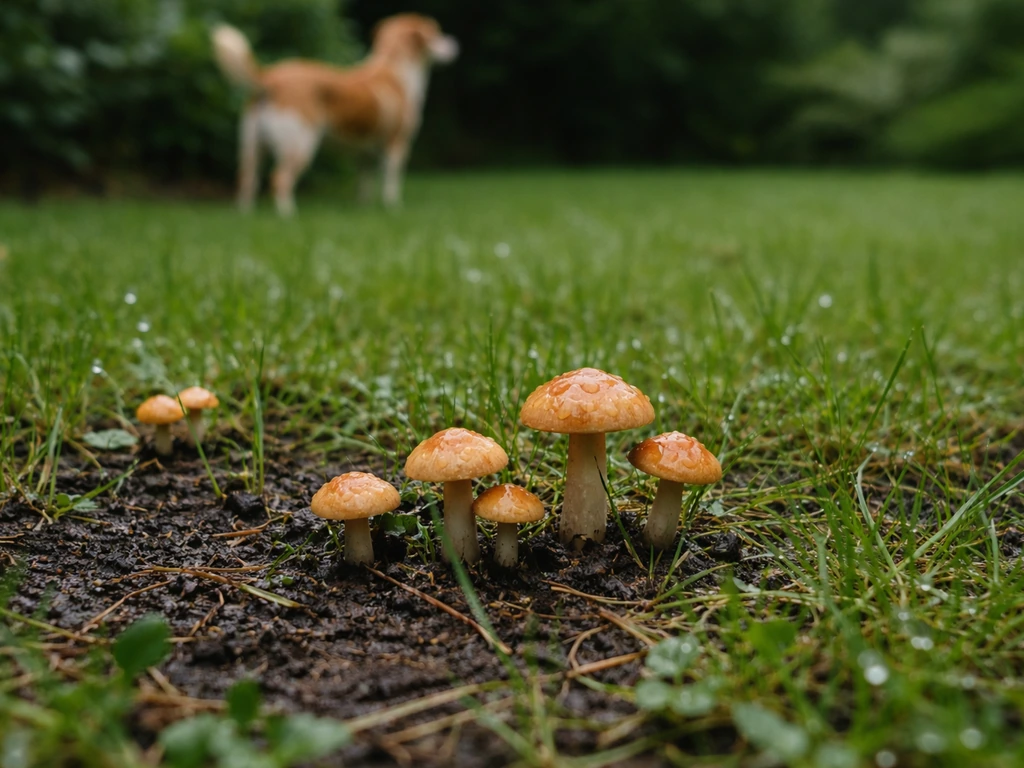 Champignons dans une pelouse humide après la pluie, un chien à proximité dans un jardin.
