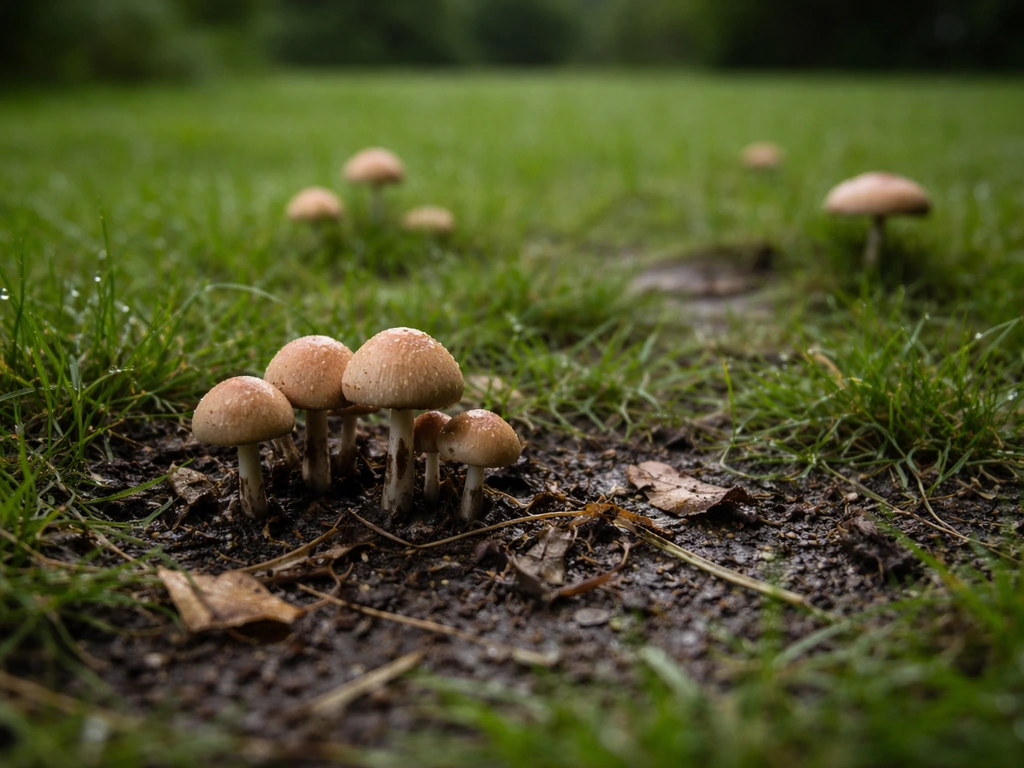 Champignons sur une pelouse humide après pluie, avec herbe décomposée suggérant matière organique.