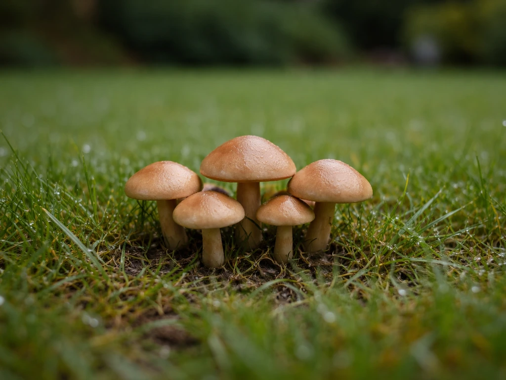 Petits champignons saprophytes sur une pelouse humide, en petits groupes, herbe autour intacte.