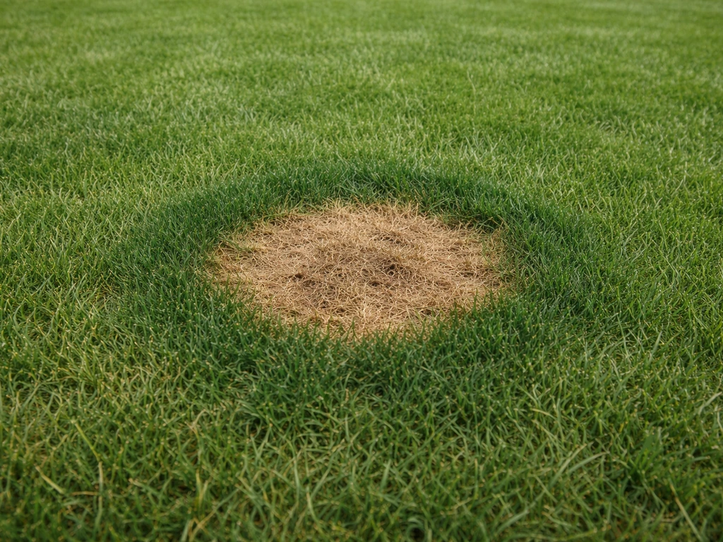 Taches brunes sur pelouse avec brûlure centrale et halo vert foncé, sans champignon visible.