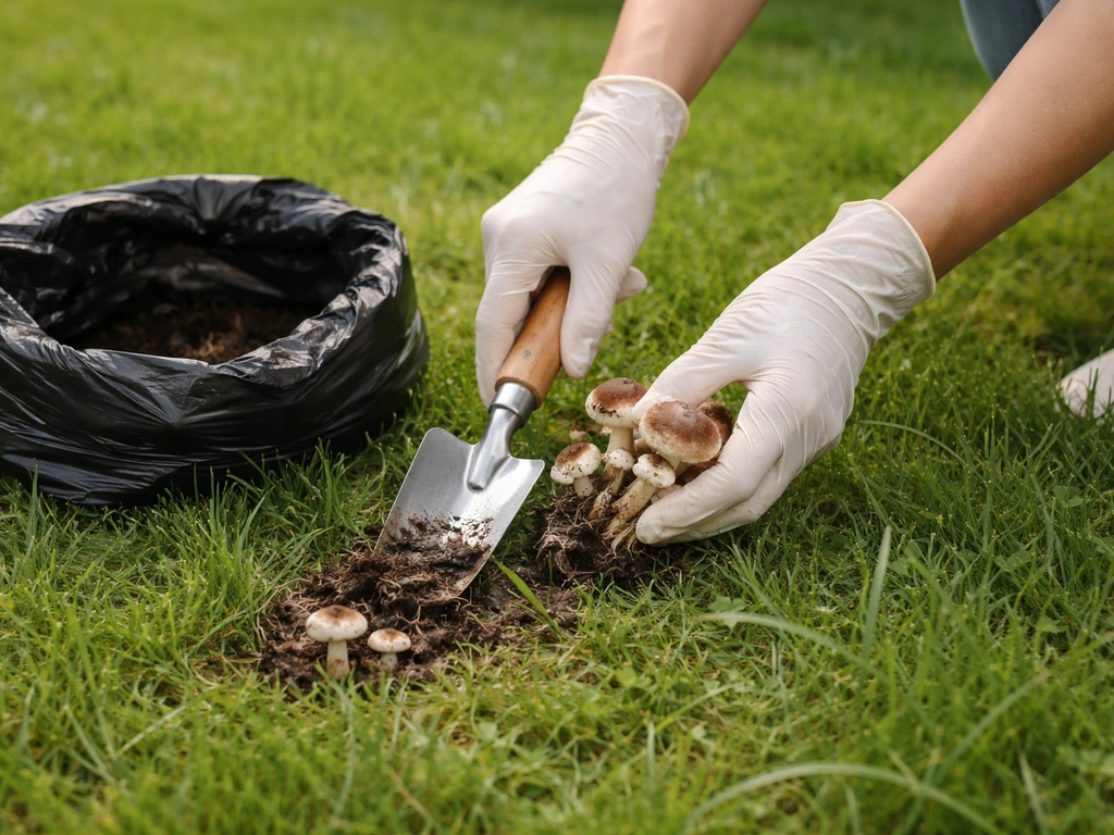 Jardinier muni de gants retire des champignons de la pelouse, avec petit outil et sac poubelle.