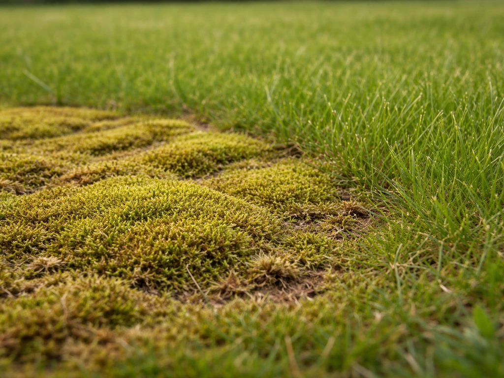 Mousse verte-brunâtre en plaques au ras du sol, pelouse à côté, mise au point sur la texture.