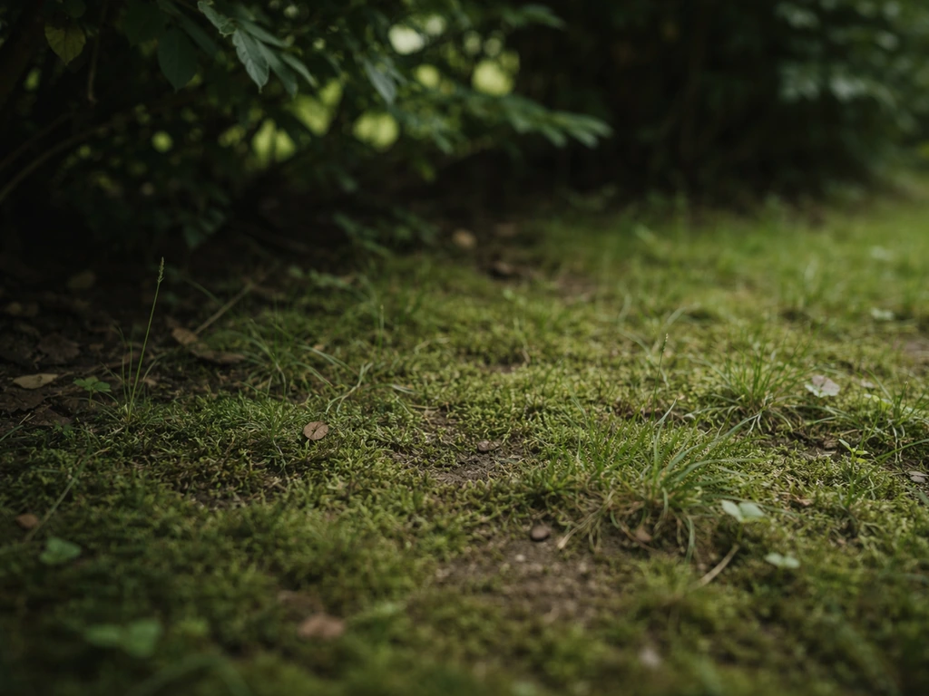 Pelouse sous haie, herbe clairsemée et mousse envahissante à cause du manque de lumière.