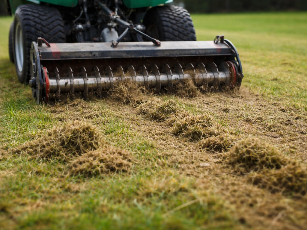 Scarificateur tiré sur une pelouse, mousse et chaume arrachés laissant le sol plus ouvert