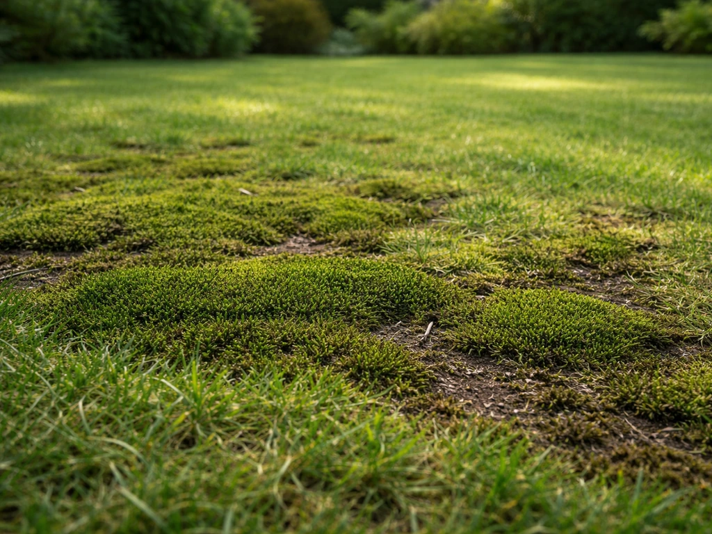 Pelouse avec zones envahies par la mousse vert foncé et gazon plus clair en bordure, lumière naturelle.